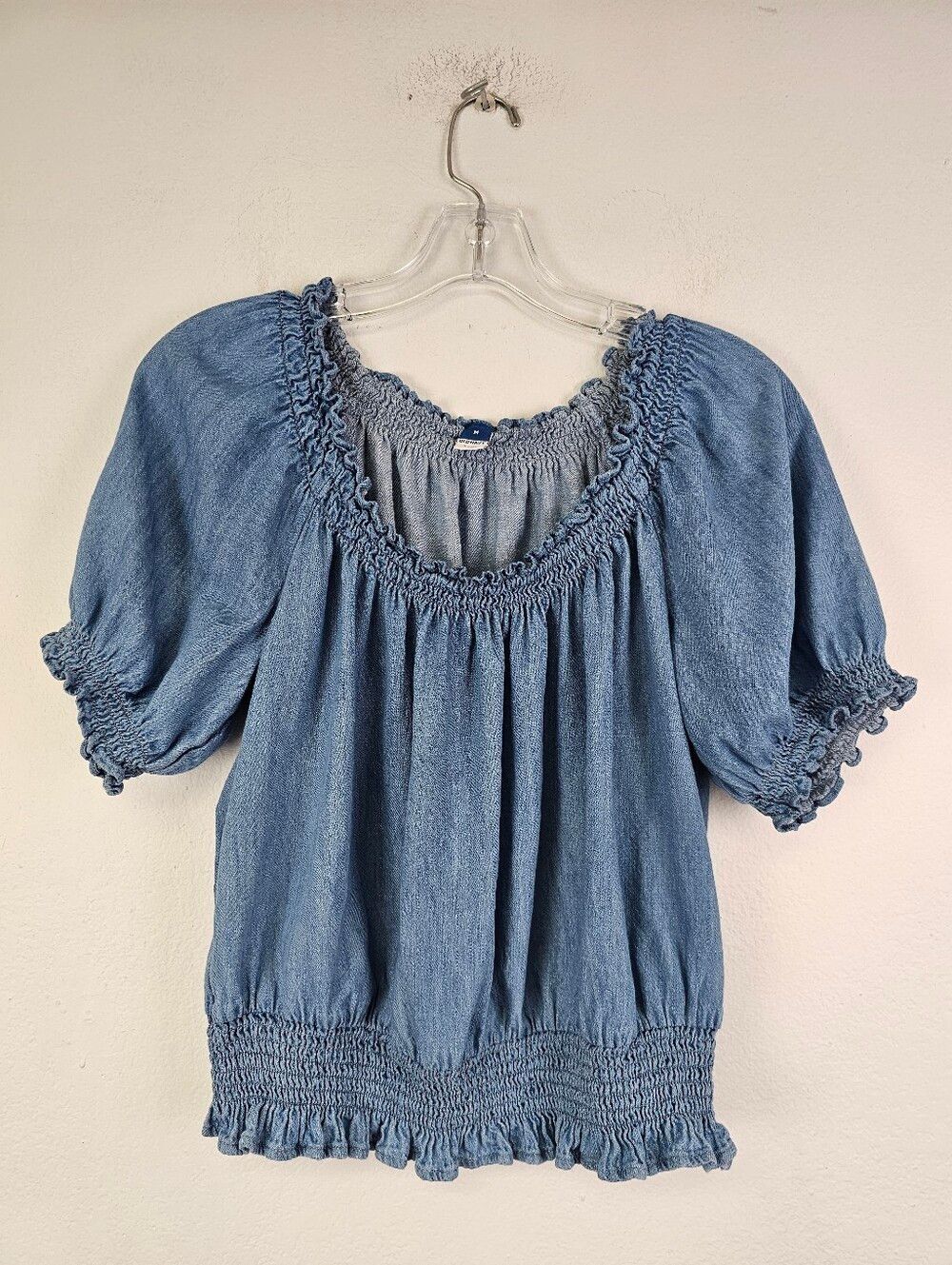 Old Navy Boho Short Sleeve Bubble Elastic Smocked Denim Crop Top Sz M Country